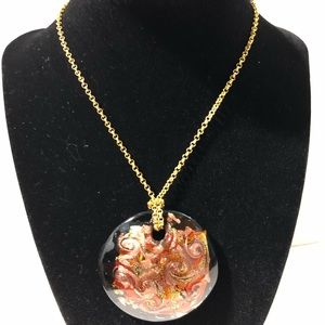 Big Orang Glass Pendant w/Gold Tone Chain